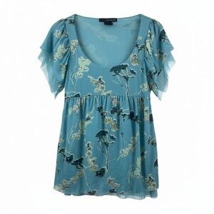 Calvin Klein Jeans Womens Turquoise Floral Mesh Babydoll Top Flutter Sleeve S